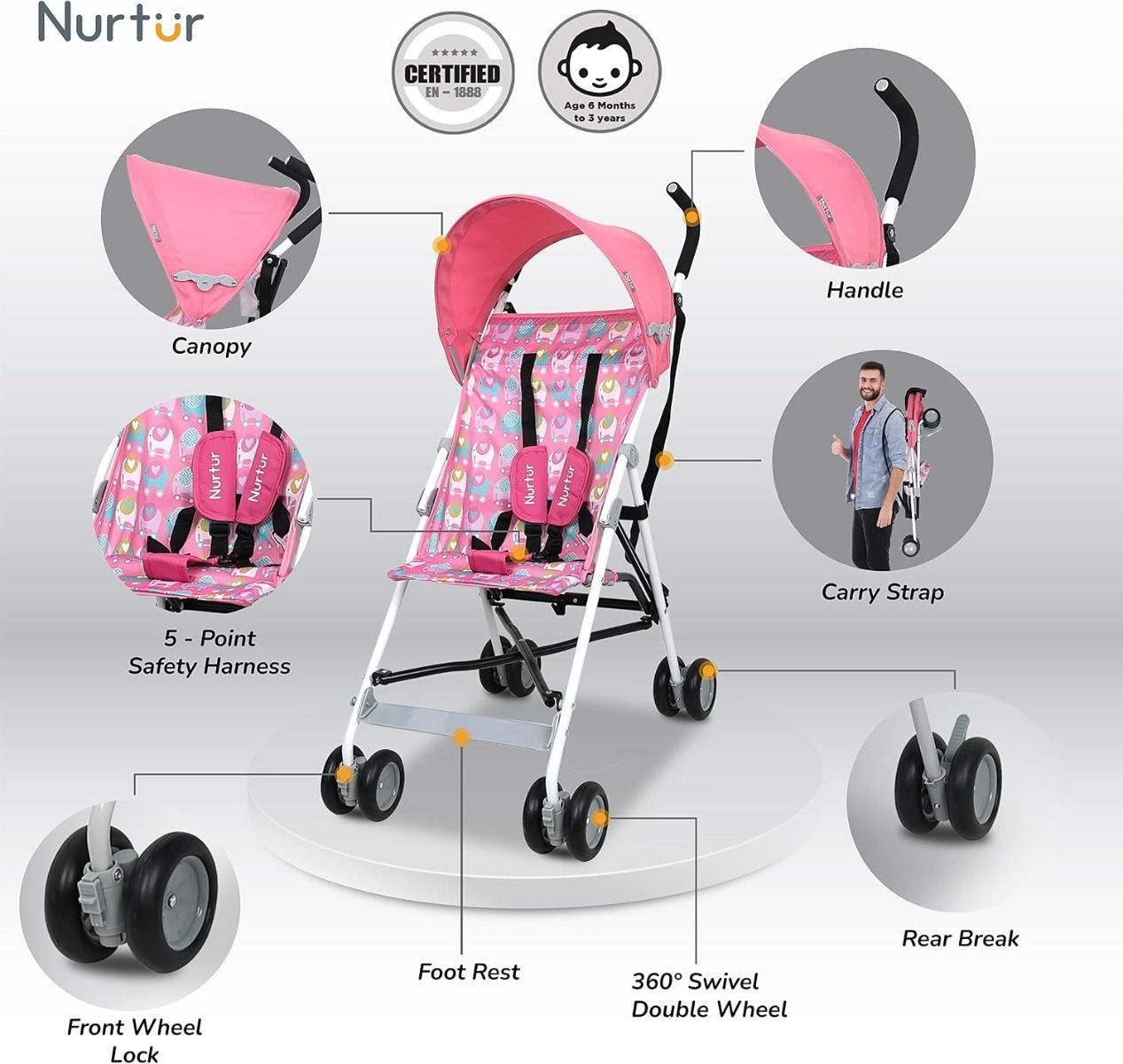 Nurtur Rex Lightweight Stroller Compact Folding Travel Buggy for Toddlers 6-36 Months, 11 lbs, 5-Point | Pink