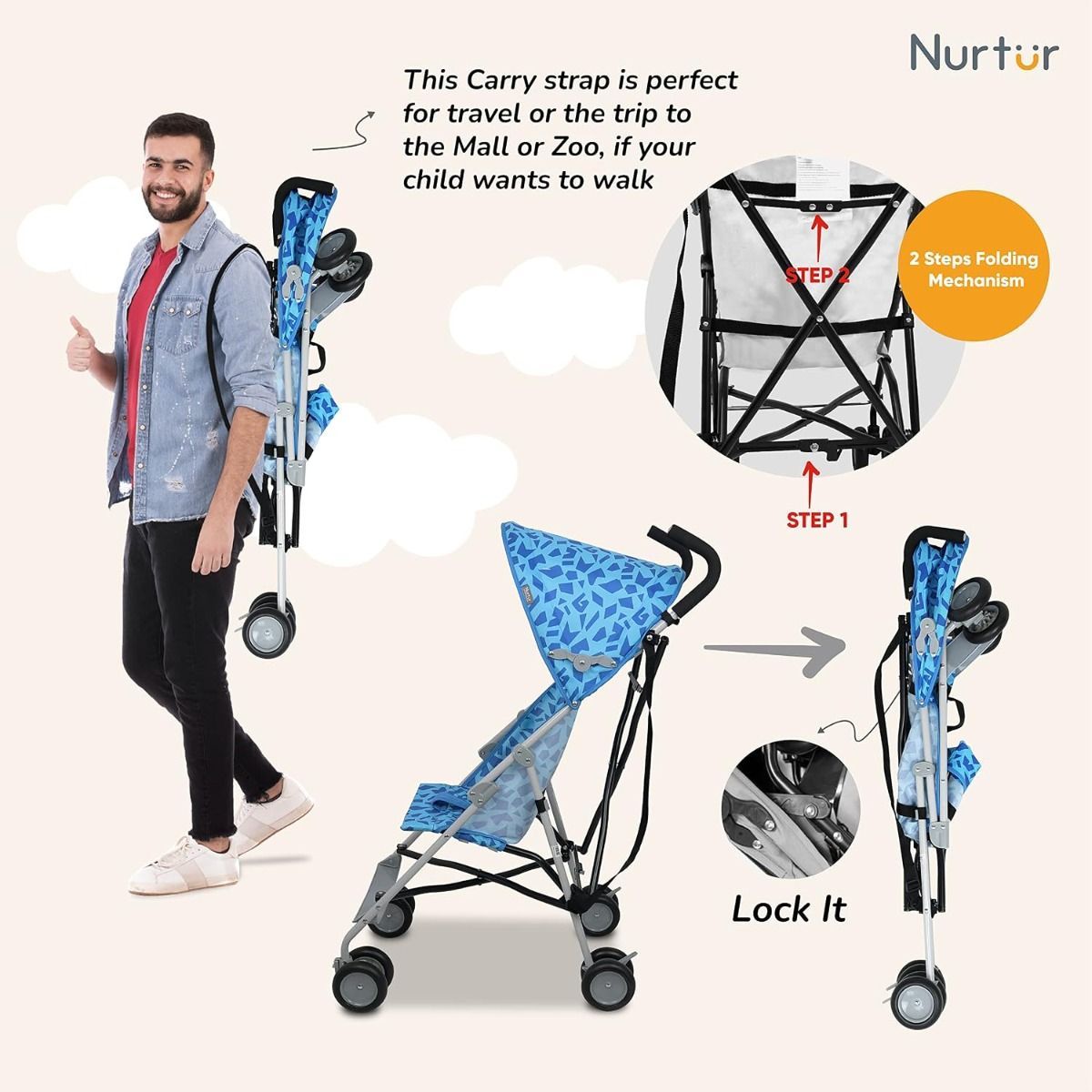 Nurtur Rex Lightweight Stroller Compact Folding Travel Buggy for Toddlers 6-36 Months, Easy Fold, 11 lbs, 5-Point | Blue