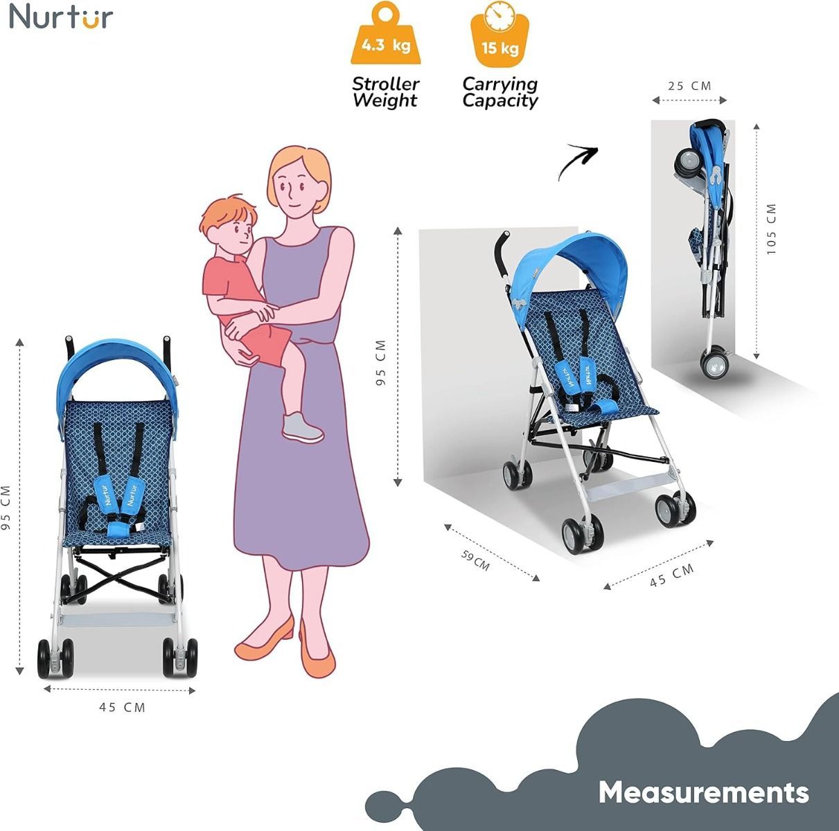 Nurtur Rex Lightweight Stroller - Ultra-Compact 4.8kg Folding Baby Buggy with Sun Canopy, 6 months to 3 years, 5-Point | Blue/Black