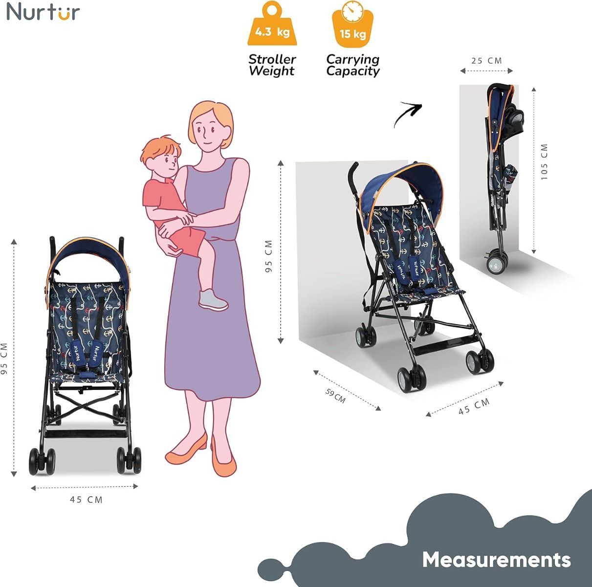 Nurtur Rex Lightweight Stroller - 4.8kg Ultra Compact Travel Buggy for Toddlers 6m-3yrs, Easy Fold  5-Point System