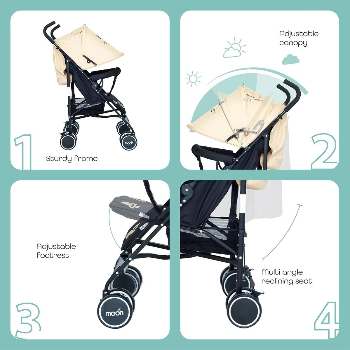 The Moon Brand Safari Cat Umbrella Stroller Compact Lightweight Travel Stroller for Babies 0-36 15 kg, 5-Point Safety Belt, Umbrella Fold