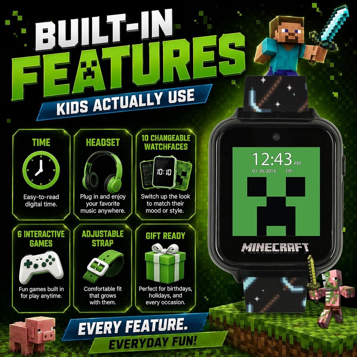 Minecraft Interactive Kids Smart Watch – Touchscreen with 6 Games, Selfie & Video Camera, Step/Activity Tracker, Alarm & Timer, 10 Watch Faces