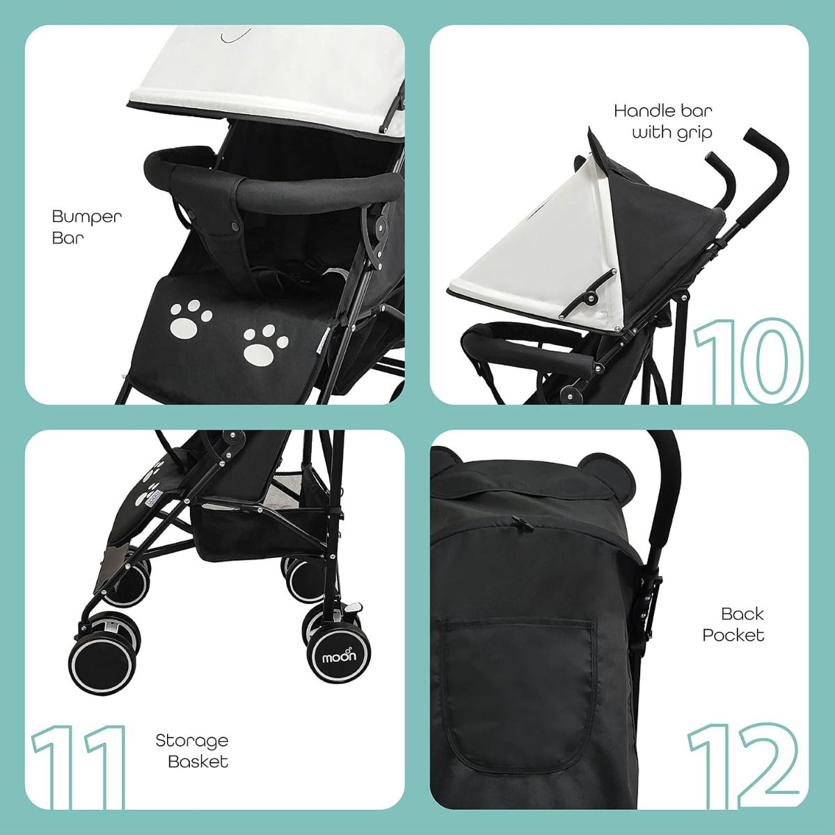 The Moon Safari Baby Stroller - Lightweight Umbrella Stroller for Travel with Panda Theme 18 kg, 0-36 months, 5-Point Harness