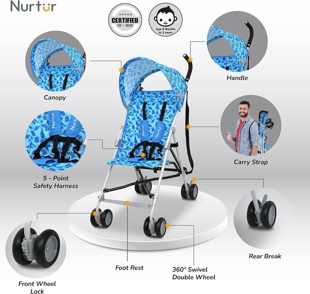 Nurtur Rex Lightweight Stroller Compact Folding Travel Buggy for Toddlers 6-36 Months, Easy Fold, 11 lbs, 5-Point | Blue