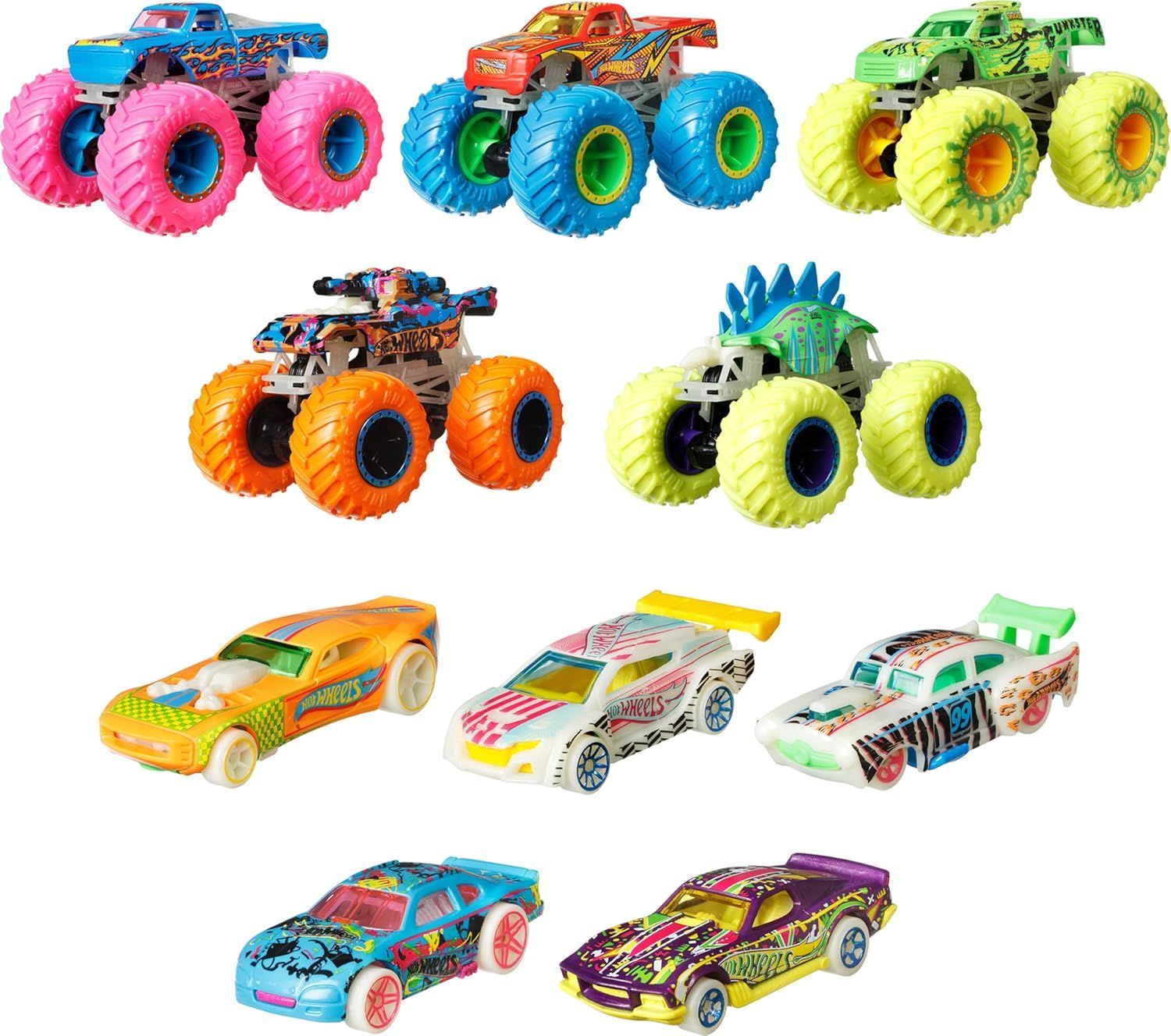 Glow in the Dark Hot Wheels Monster Trucks Multipack - 10 Vehicles for Kids Aged 4-8