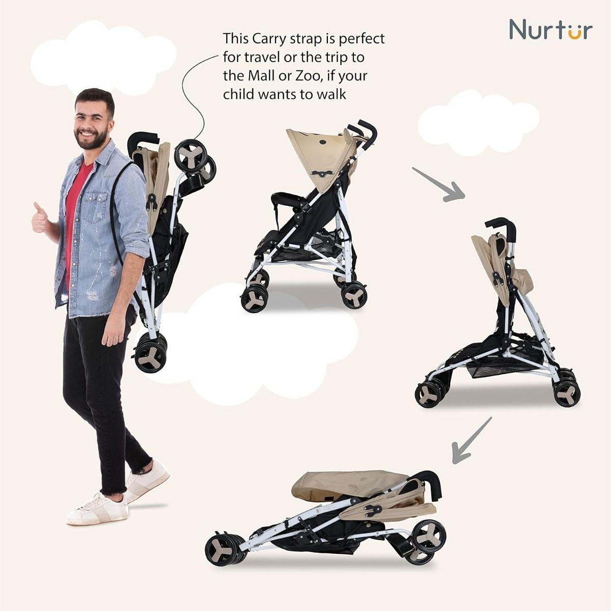 Nurtur Luca Lightweight Stroller - Compact Foldable Baby Carriage with 5-Point Safety Harness Sand, 26 lbs, 0-36 Months