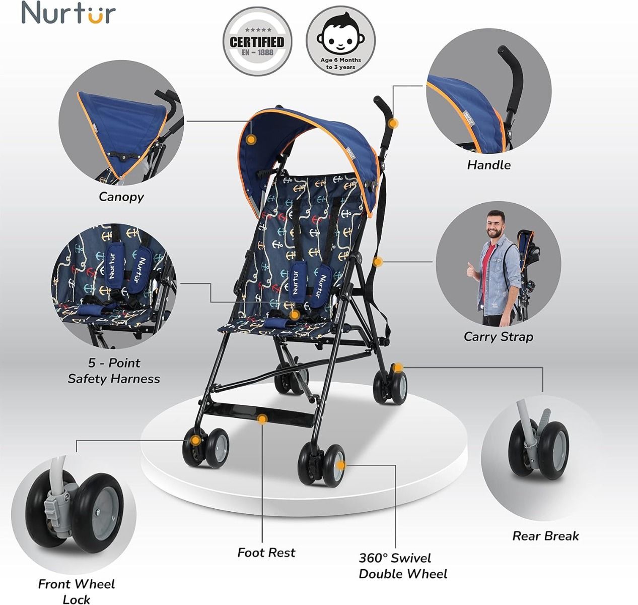 Nurtur Rex Lightweight Stroller - 4.8kg Ultra Compact Travel Buggy for Toddlers 6m-3yrs, Easy Fold  5-Point System