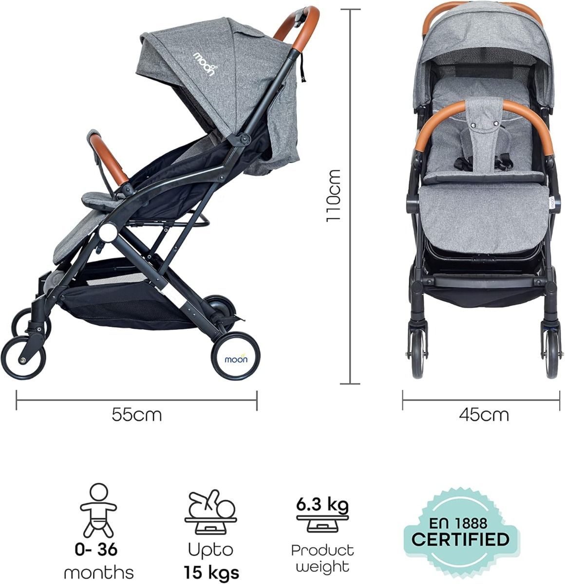 The Moon Brand Ritzi Cabin Stroller, Ultra Lightweight Travel Baby Pushchair Compact Fold Birth to 3 Years, 5-Point Safety Harness | Black and Grey 
