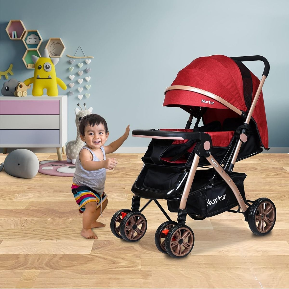 Nurtur Wilder Reversible Baby Stroller - Lightweight Compact Travel Stroller with 5-Point Harness | Red