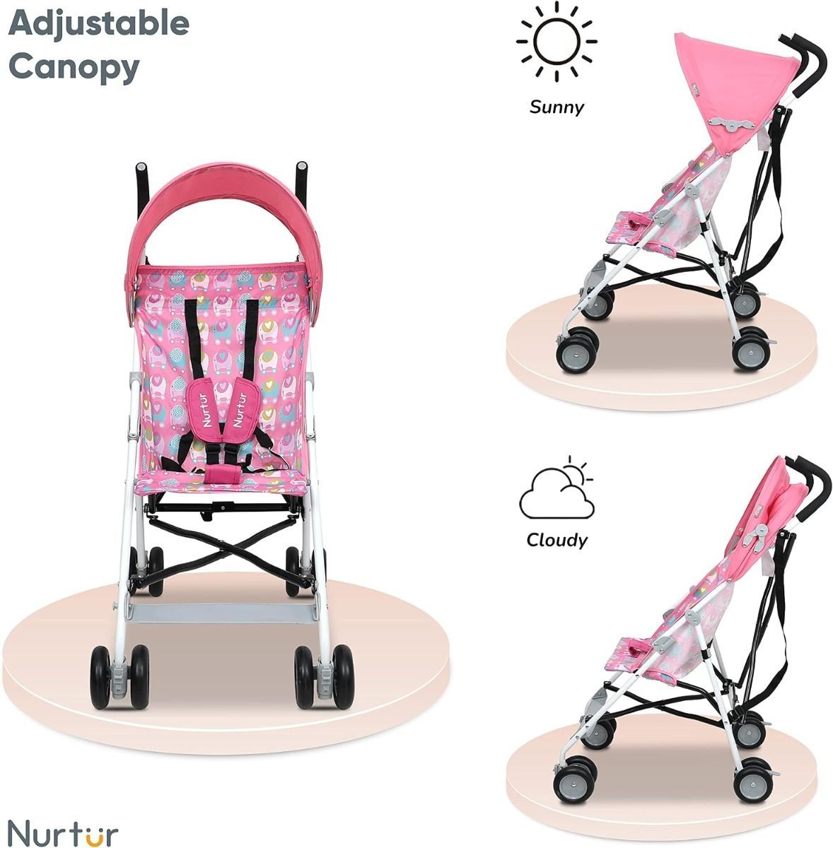 Nurtur Rex Lightweight Stroller Compact Folding Travel Buggy for Toddlers 6-36 Months, 11 lbs, 5-Point | Pink
