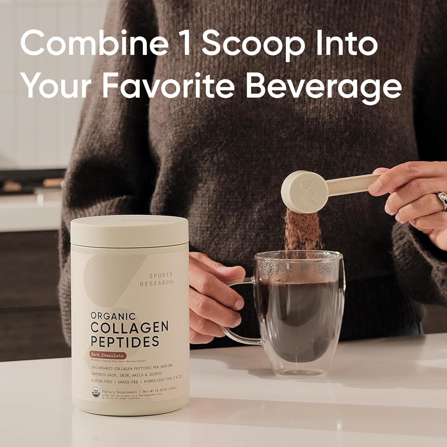 Sports Research Organic Collagen Powder - Hydrolyzed Type I & III - Dark Chocolate Flavor - 30 Servings