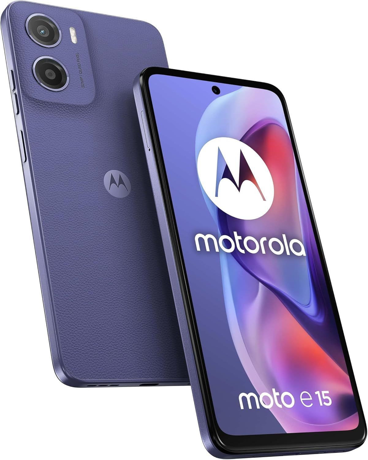 موتورولا Moto E15 ثنائي الشريحة سعة 64 جيجابايت - هاتف 4G غير مقفل بلون لافندر منعش | أزرق