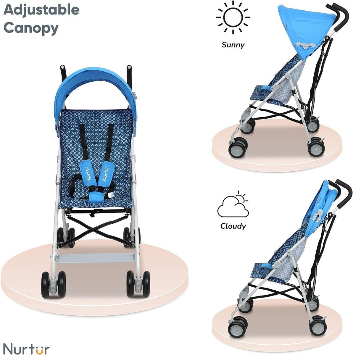 Nurtur Rex Lightweight Stroller - Ultra-Compact 4.8kg Folding Baby Buggy with Sun Canopy, 6 months to 3 years, 5-Point | Blue/Black