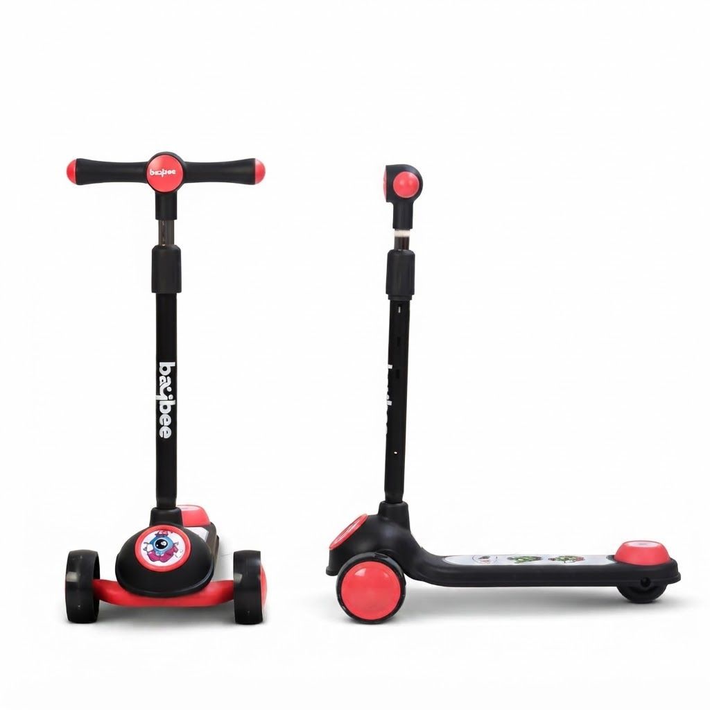 Baybee Sonic 3-Wheel Kids Scooter, Adjustable Height Kick Scooter with LED Light-Up PU Wheels, Lean-to-Steer, Black