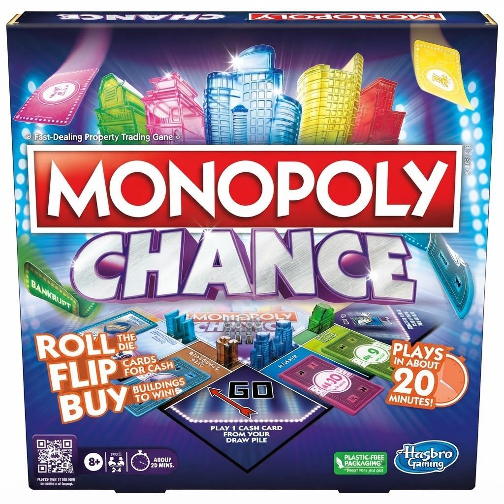 Monopoly Chance Fast-Paced Card Flipping Board Game for Families and Kids Ages 8+, 2-4 Players