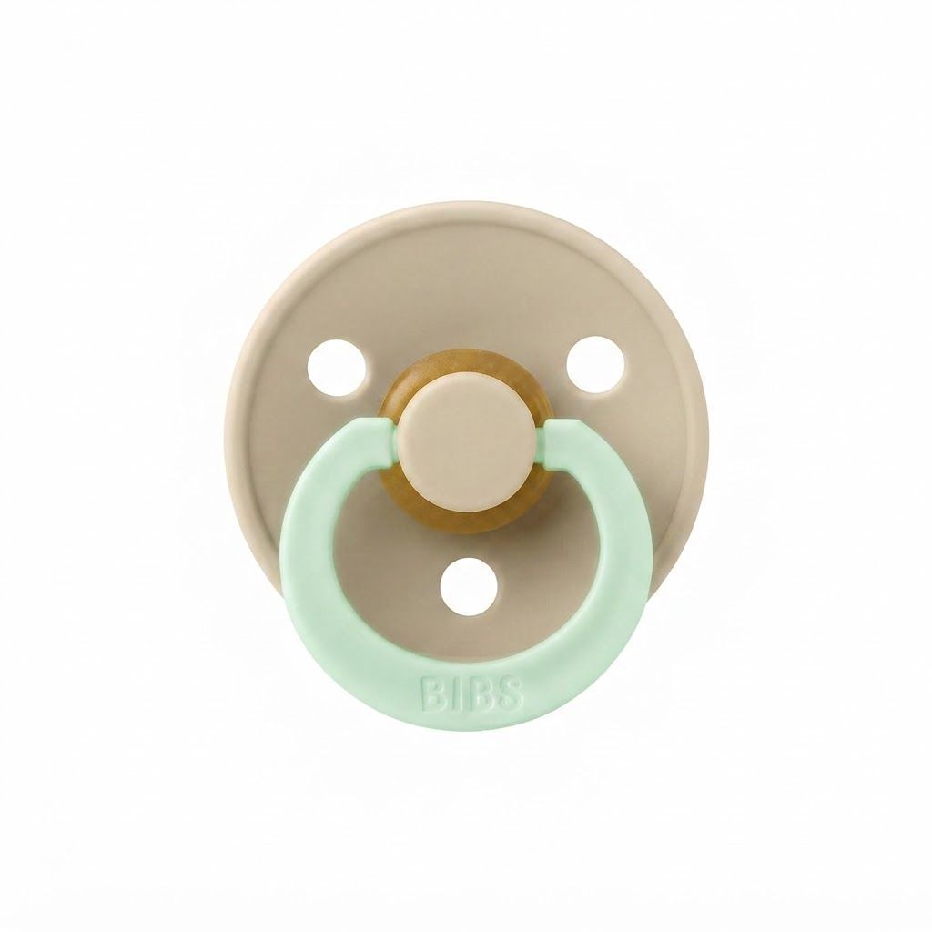 BIBS Latex Round Pacifier 0-6 Months Size 1 2 Pack, Vents For Air Circulation, Round Nipple Shape, Lightweight And Timeless Design - Iron Glow/Baby Blue Glow