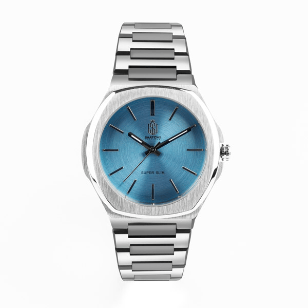 Saatchi Super Slim Index Dial Light Blue Watch, 42mm Stainless Steel Case, Miyota 9T22 Quartz Movement, Mineral Glass, 5 ATM Water Resistant