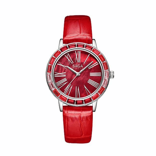 Saga Stella Crimson Women Watch, 35mm Stainless Steel Case, Ronda Swiss Made 763 Quartz Movement, Genuine Leather Strap