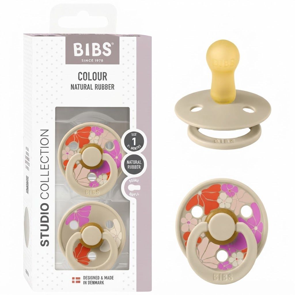 BIBS Morning Bloom Latex Pacifiers Studio Colour Size 1 0+ Months 2 Pack, Timeless And Elegant Design, Lightweight Shield - Vanilla Mix