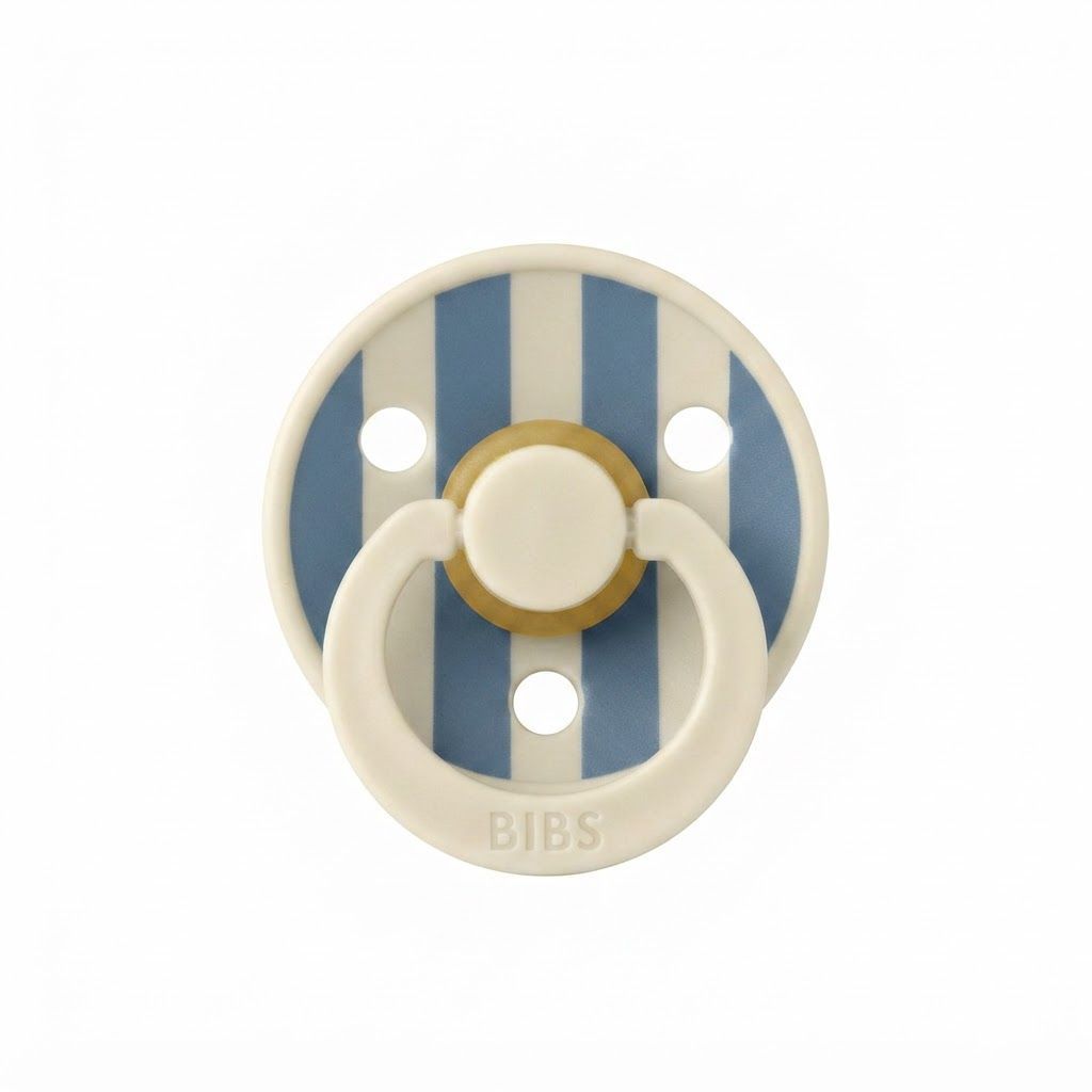 BIBS Pin Studio Colour Latex Round Pacifier Size 2 6+ Months 2 Pack, Ergonomic Shield Design, BPA-Free And Safe Materials - Ivory Steel Blue Mix
