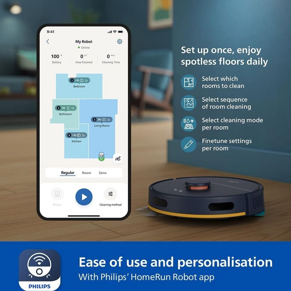 Philips HomeRun 2000 Series Robot Vacuum & Mop, 6000Pa Suction, LDS Laser Navigation, HomeRun App Control & Up to 120 Minutes Runtime | XU2000/10