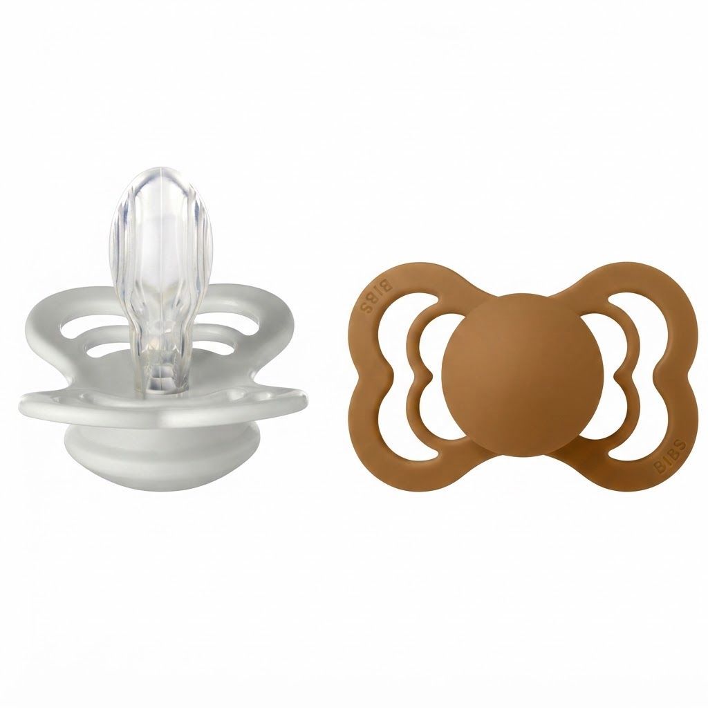 BIBS Supreme Pacifiers Size 2 6+ Months 2 Pack, Natural Rubber Latex Or Silicone, Generous Ventilation Openings - Haze/Caramel