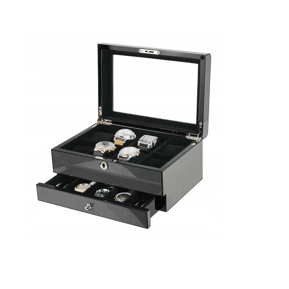Luxury Signature 8 Slots Watch Box with Drawer, Carbon Fiber Finish, High Gloss Design, Black Velvet Lining, 290x200x135mm