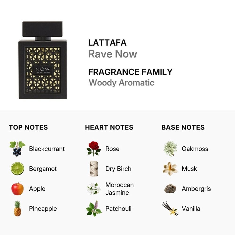 Lattafa Rave Now Black Eau de Parfum 100ml - Blackcurrant, Bergamot, Apple & Pineapple, Rose & Moroccan Jasmine, Oakmoss & Musk Base