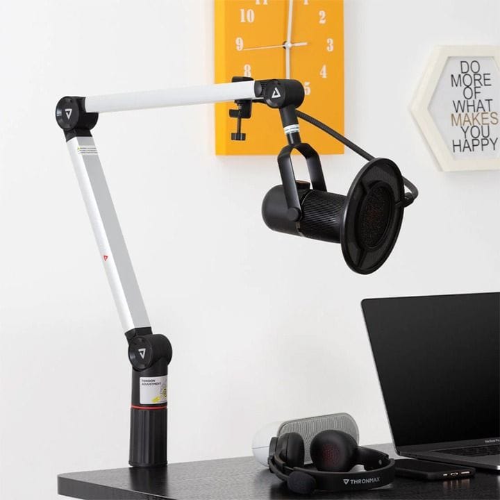 Thronmax Flex S5 Microphone Boom Arm Stand – Adjustable Boom Arm Desk Mount with Caster System | White – S5 Caster
