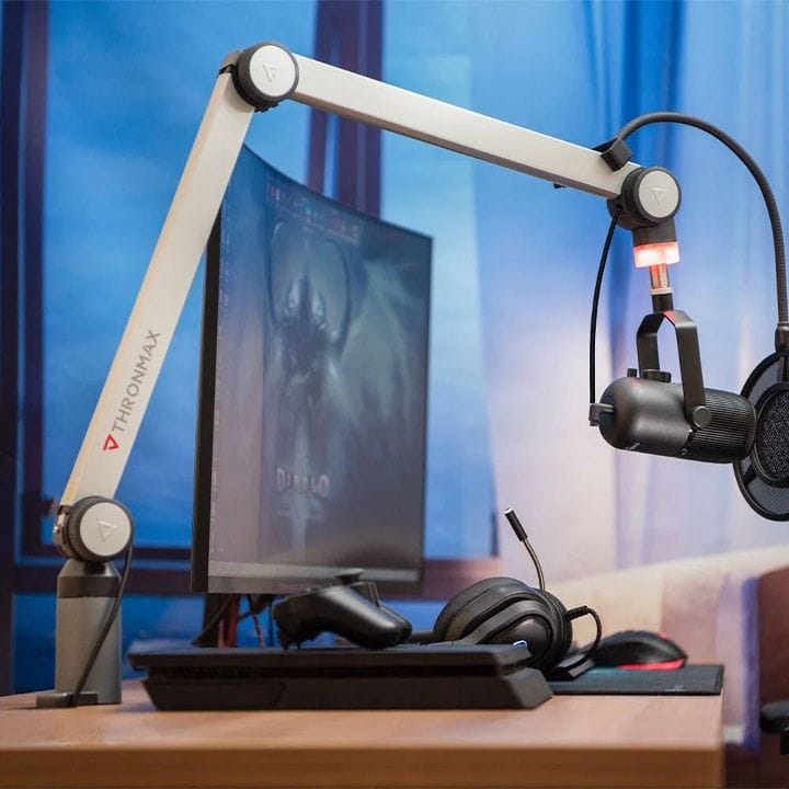 Thronmax Clamp-On Boom Stand – Microphone Boom Arm with Integrated USB Cable | Black – S1 Caster