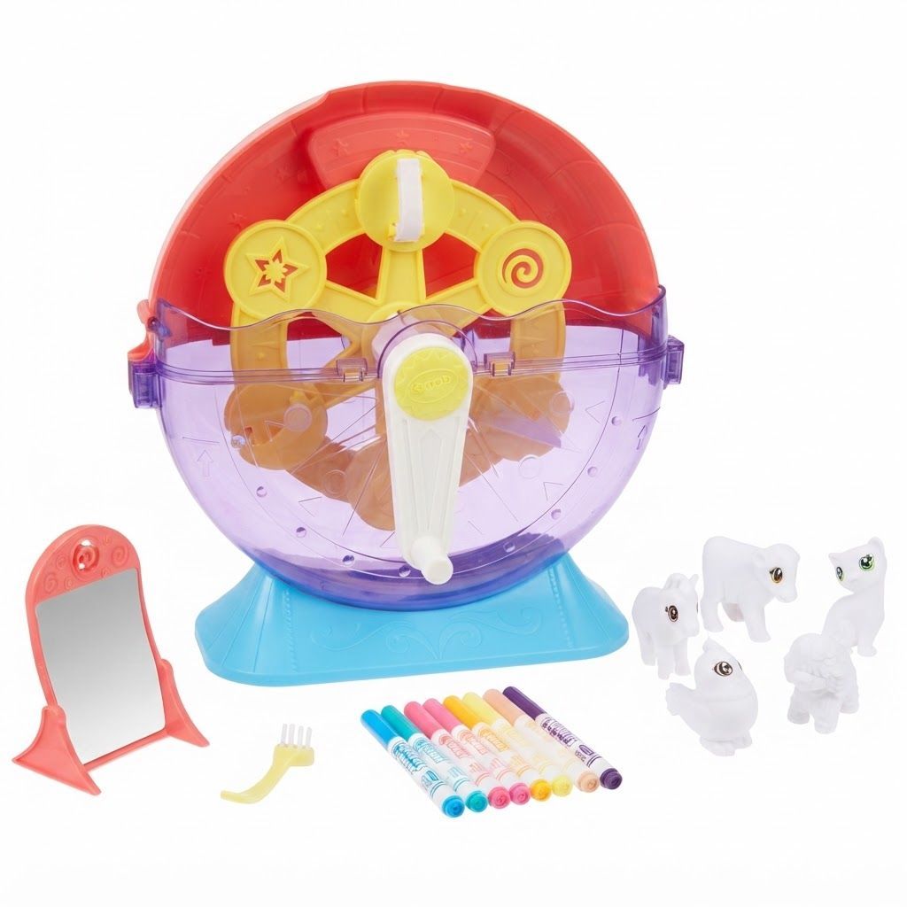 Crayola Scribble Scrubbie Pets Carnival Playset - Creative Toy with Spin & Wash Wheel, 5 Animal – 3 years and up, 1 Spin & Wash Wheel, 1 Wacky Mirror, 8 Washable Markers, 1 Scrub Brush, 5 Pets