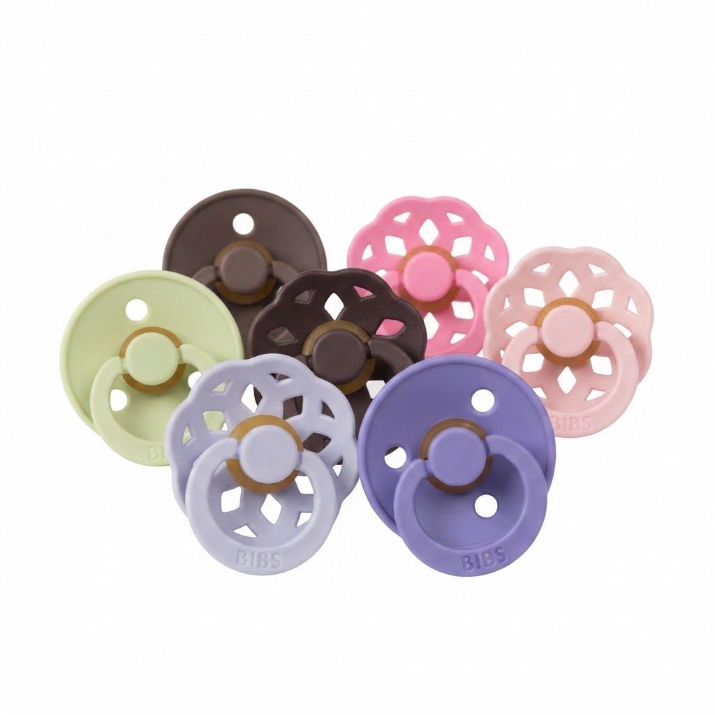 BIBS Latex Anatomical Pacifier Colour Size 1 0+ Months 2 Pack, Air Releasing Valve, Anti-Irritation Shield, Skin-Like Softness - Vanilla/Candy Apple