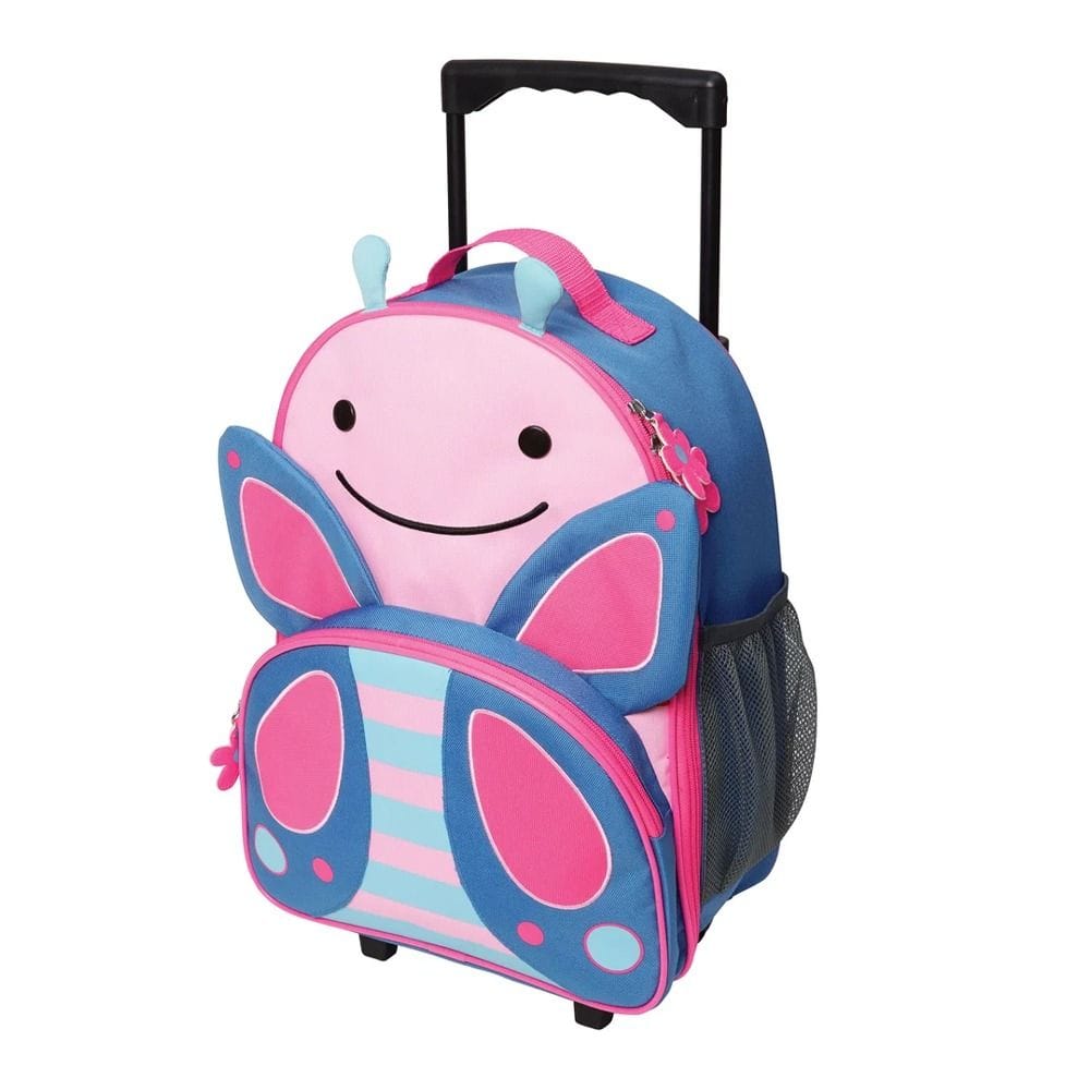 Skip Hop Zoo Butterfly Kids Rolling Luggage With Wheels 3+ Years, Elastic Mesh Bottle Pocket, Sturdy Poly-canvas Fabric, Fun Matching Zipper Pulls - Multicolour
