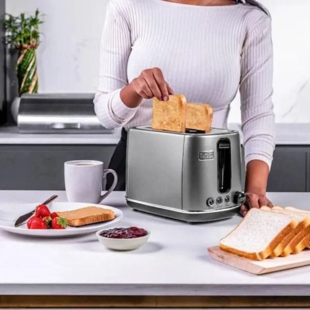 Black + Decker Stainless Steel 2-Slice Toaster 1050W, Adjustable Browning Control, Wide Slots, Removable Crumb Tray | Black | SSET225-B5