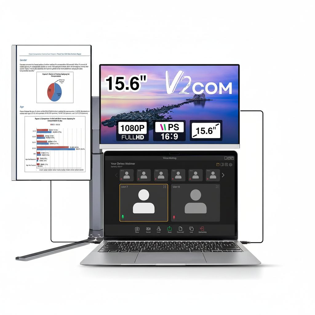V2COM 15.6'' Portable Triple Monitor - Ultra-Thin IPS Screen Extender, Narrow Border, Compatible with Mac, Windows, Chrome - Z2
