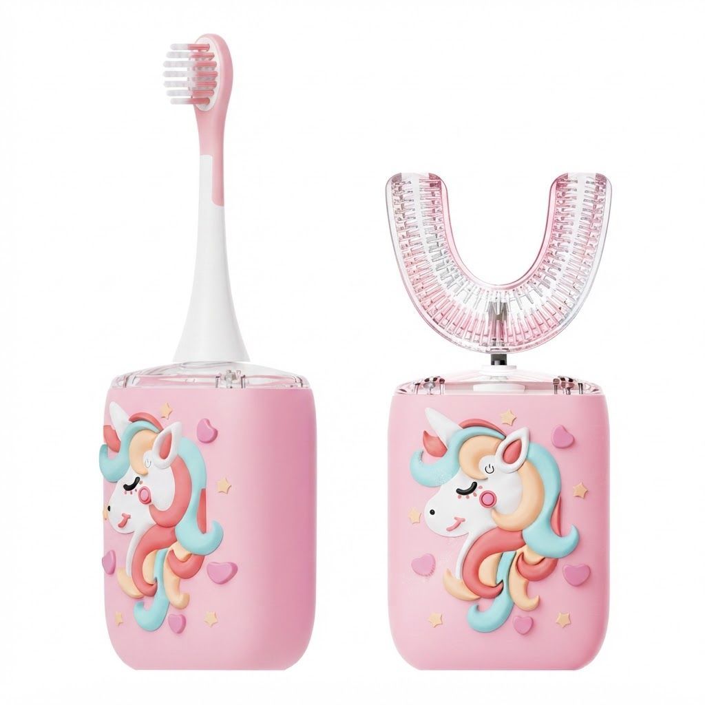 Moxedo Kids 2-in-1 U-Shaped Electric Toothbrush, 5 Ultrasonic Brushing Modes, 360° Oral Cleaning, Rechargeable & IP64 Waterproof | Pink - MX-TB022
