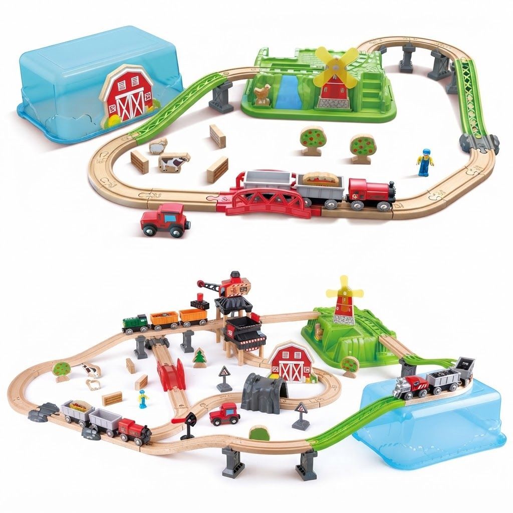 Hape Countryside Train Bucket Set - 41-Piece Wooden Railway Toy with Farm Accessories & Storage Box