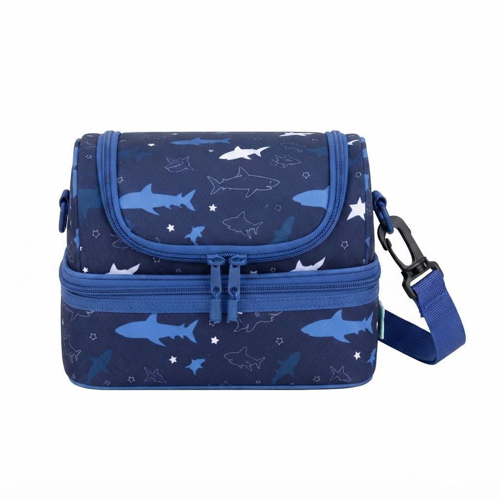 VASCHY Insulated Lunch Box for Kids - Shark Ocean Double Compartment Cooler Bag with Strap