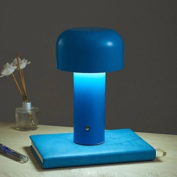 Luxury Signature Mini Mushroom LED Desk Lamp Blue, 3W Metal & PC Body, 1800mAh Rechargeable Battery, Compact Table Lamp