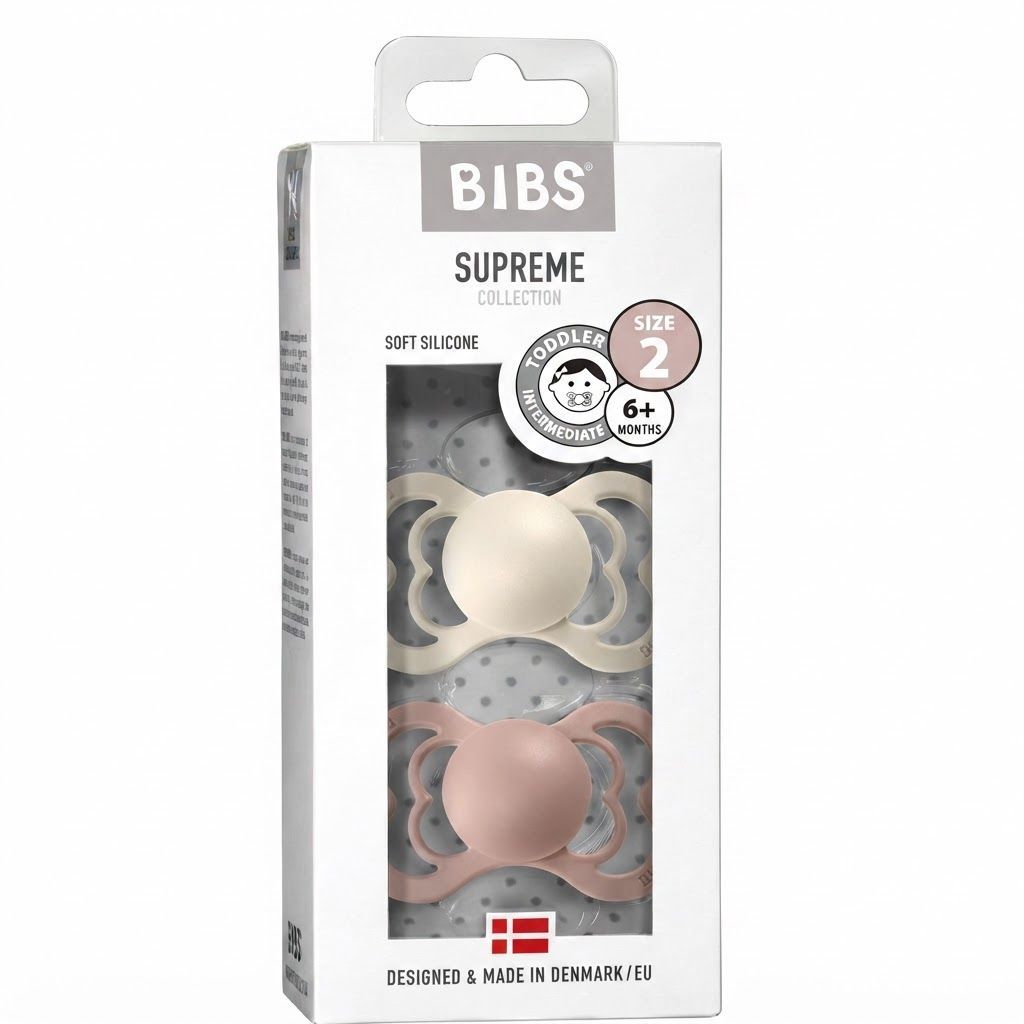 BIBS Supreme Silicone Symmetrical Pacifier Size 2 6+ Months 2 Pack, Safe Food Grade Material, BPA-Free, Flexible And Durable Design - Ivory/Blush