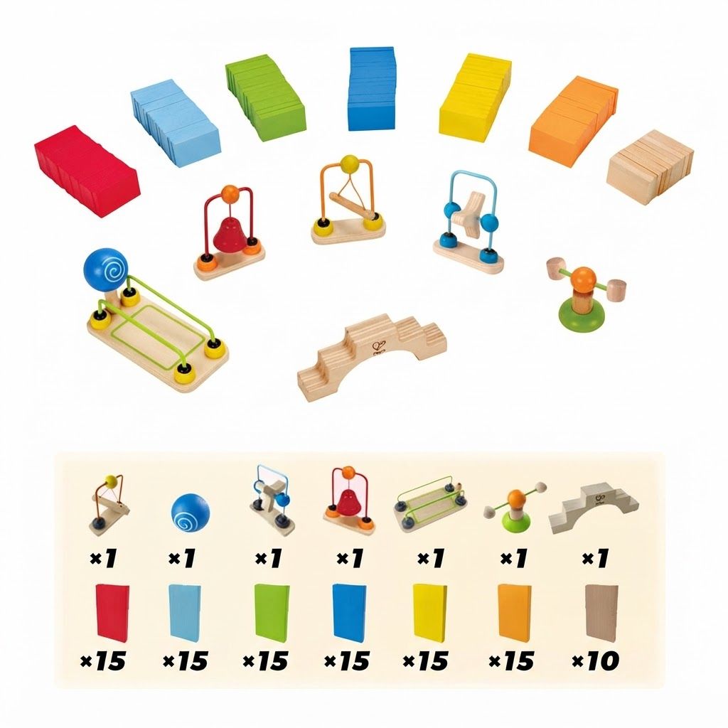 Hape Dynamo Dominoes - 107 Piece Wooden Building Block Set for Kids, STEM Educational Racing Set