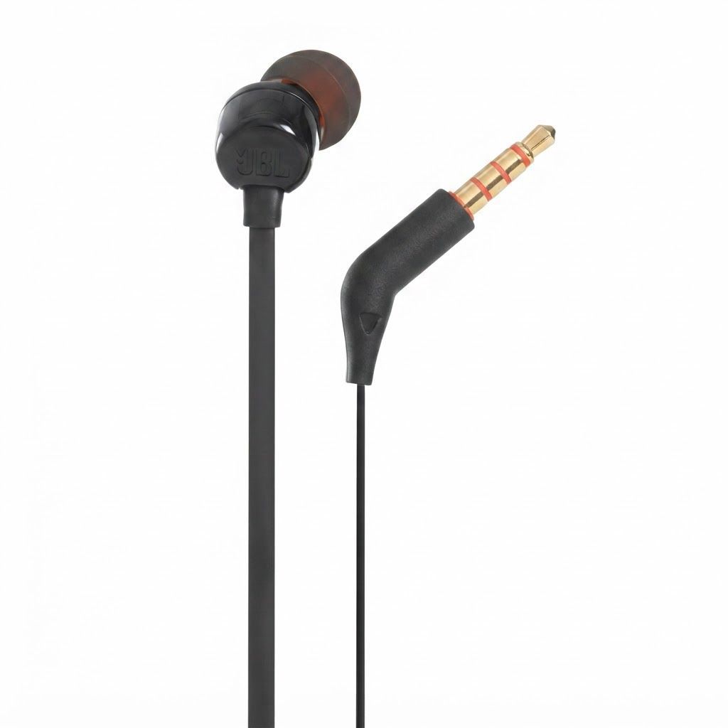 JBL Tune 110 Wired In-Ear Headphones, JBL Pure Bass Sound, 1-Button Remote & Mic, Tangle-Free Flat Cable | Black - JBLT110BLK
