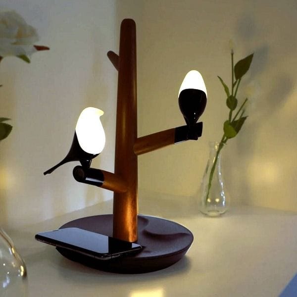 HomeTree Wooden Bird Lamp with Wireless Charger, Bedside LED Table Lamp, Dual Fast Wireless Charging, Touch Control