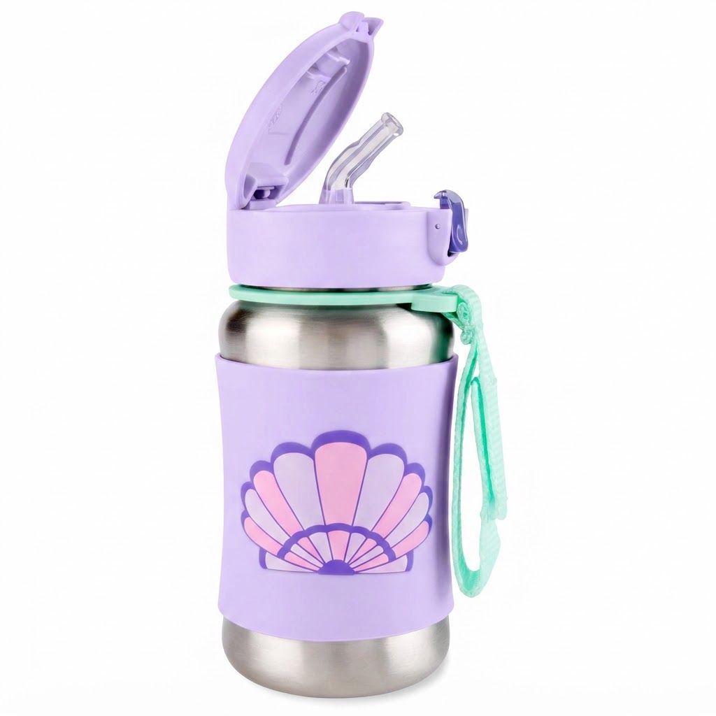 Skip Hop Seashell Spark Style Stainless Steel Kids Straw Bottle 12+ Months 350ml, Comfortable No Slip Silicone Grip, Flexible Straw Flips - Multicolour