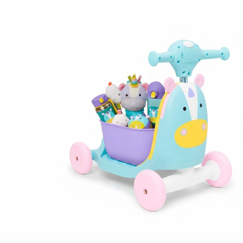 Skip Hop Zoo Unicorn Ride On 3 in 1 Scooter 12+ Months, Adjustable Handle For Comfortable Standing Height, Three Ways To Play - Multicolour