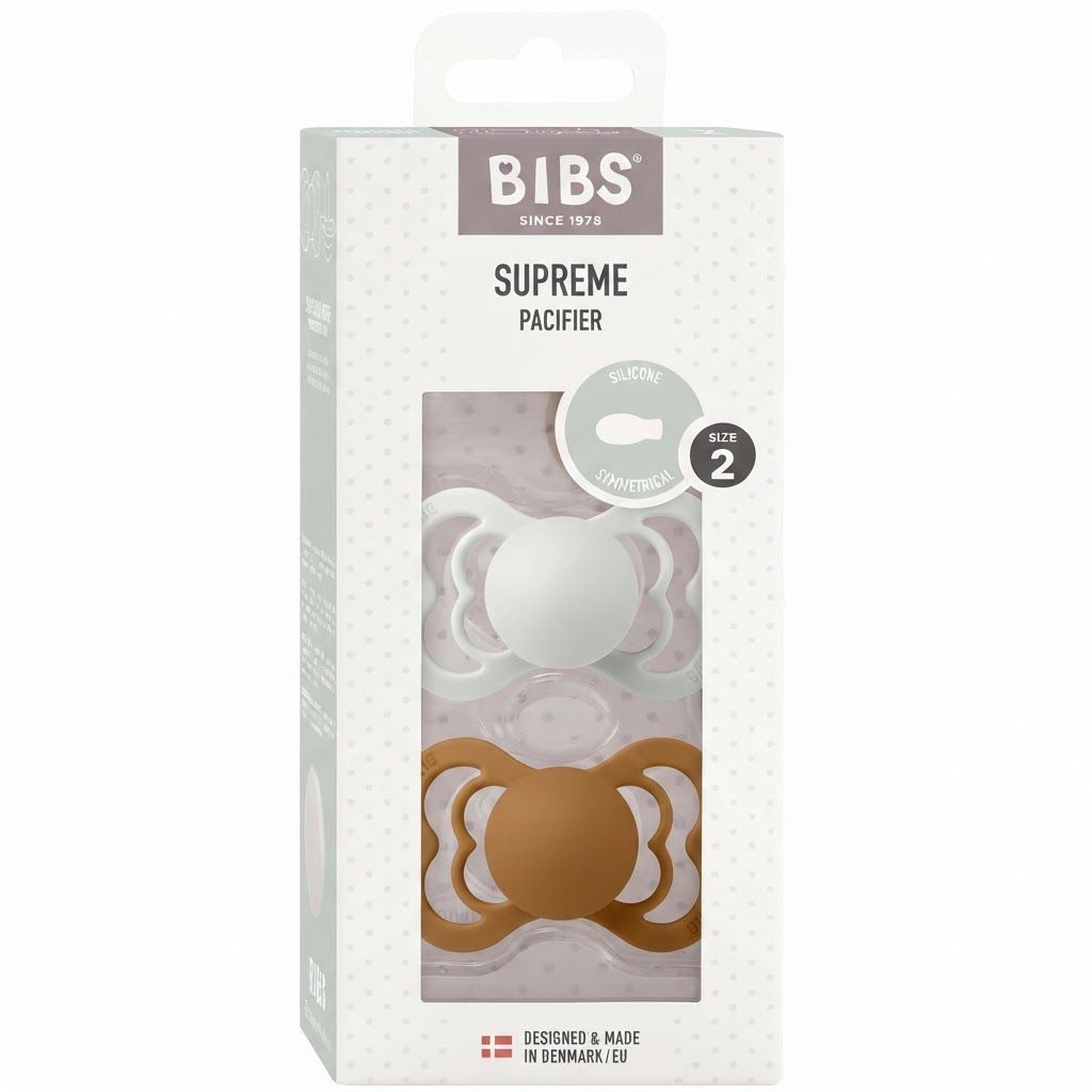 BIBS Supreme Pacifiers Size 2 6+ Months 2 Pack, Natural Rubber Latex Or Silicone, Generous Ventilation Openings - Haze/Caramel