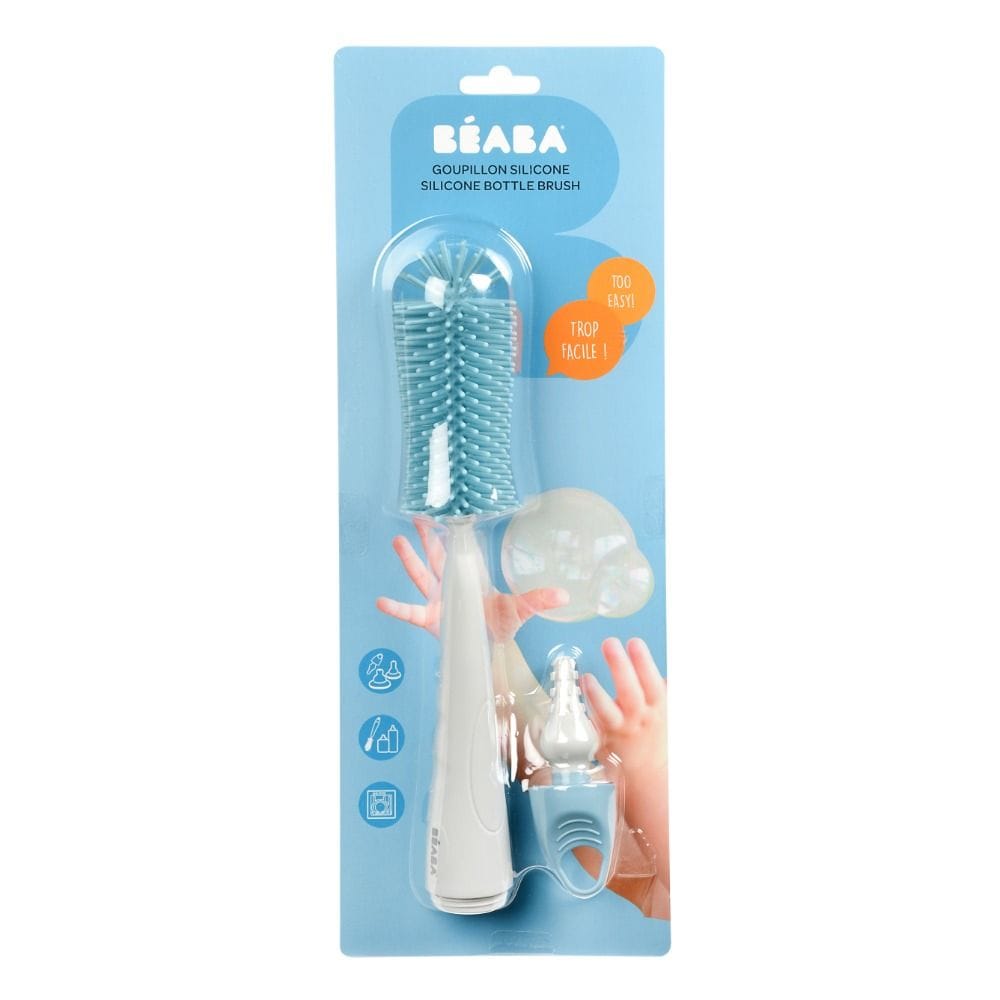 Beaba Silicone Bottle And Nipple Brush, Textured Tip, Round Brush With Soft Silicone Bristles, Flexible Baby Bottle Cleaner - Blue