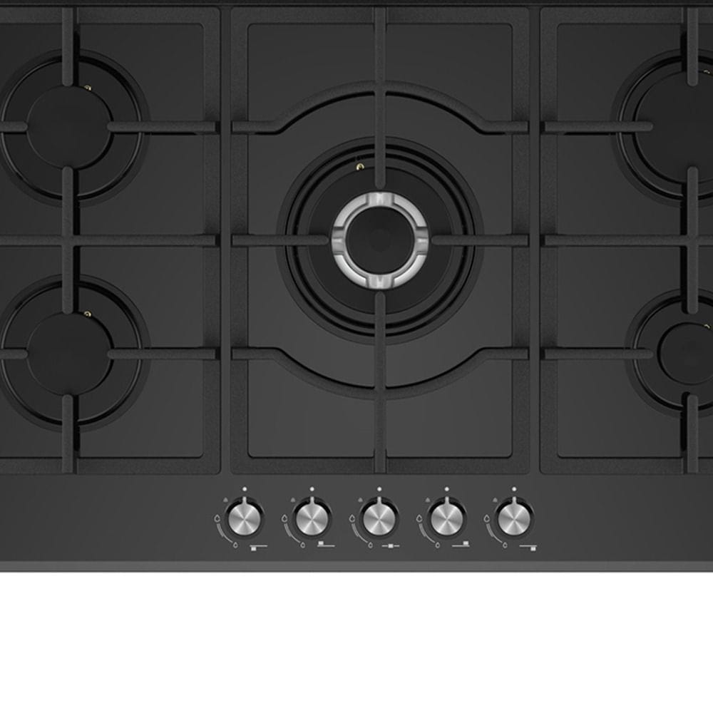 Simfer Trend Series 90cm Built-In Gas Hob, 5 Gas Burners, Wok Burner, Front Controls, Black Glass Surface | Black - SMFBHGTR90
