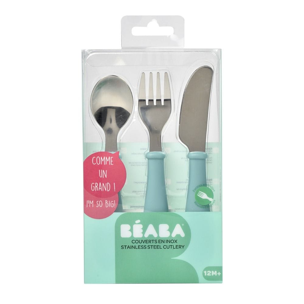 Beaba Stainless Steel Training Cutlery Set, Easy Grip, Dishwasher Safe, Ingenious Handle Shape - Airy Green