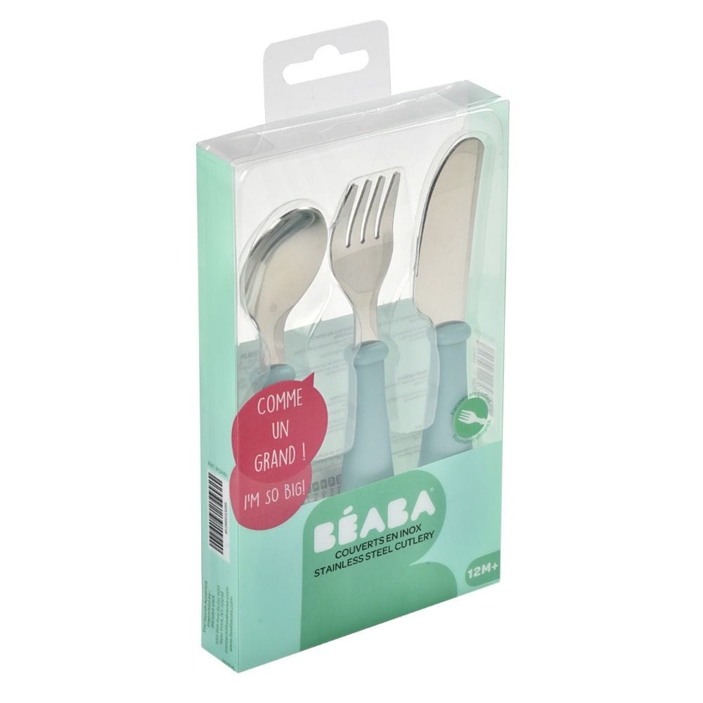 Beaba Stainless Steel Training Cutlery Set, Easy Grip, Dishwasher Safe, Ingenious Handle Shape - Airy Green